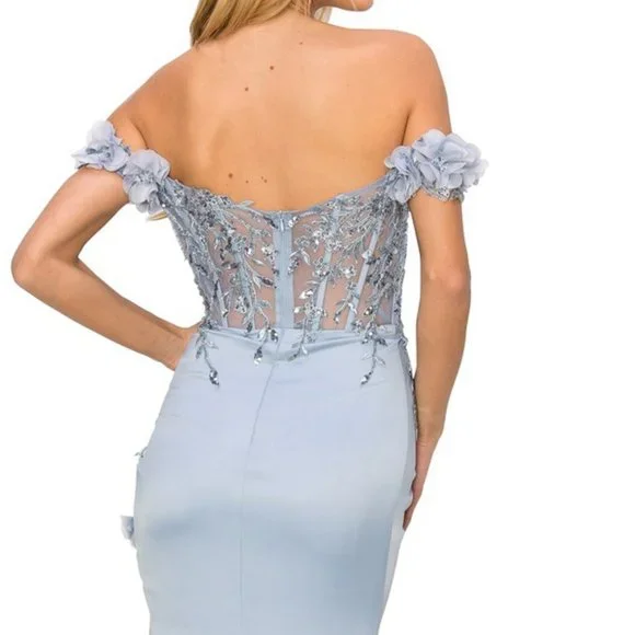 NEW LONG OFF SHOULDER SLEEVELESS DRESS EMBROIDERED WITH FLORAL APPLQIUE CC 8050J